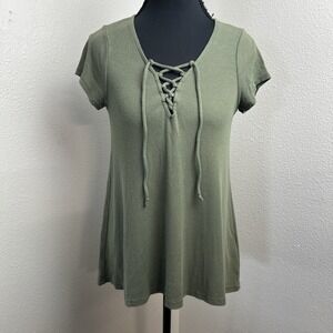 Y2K Hollister Knit Top Women's Small‎ Olive Green Ribbed Scrunch Tie Front